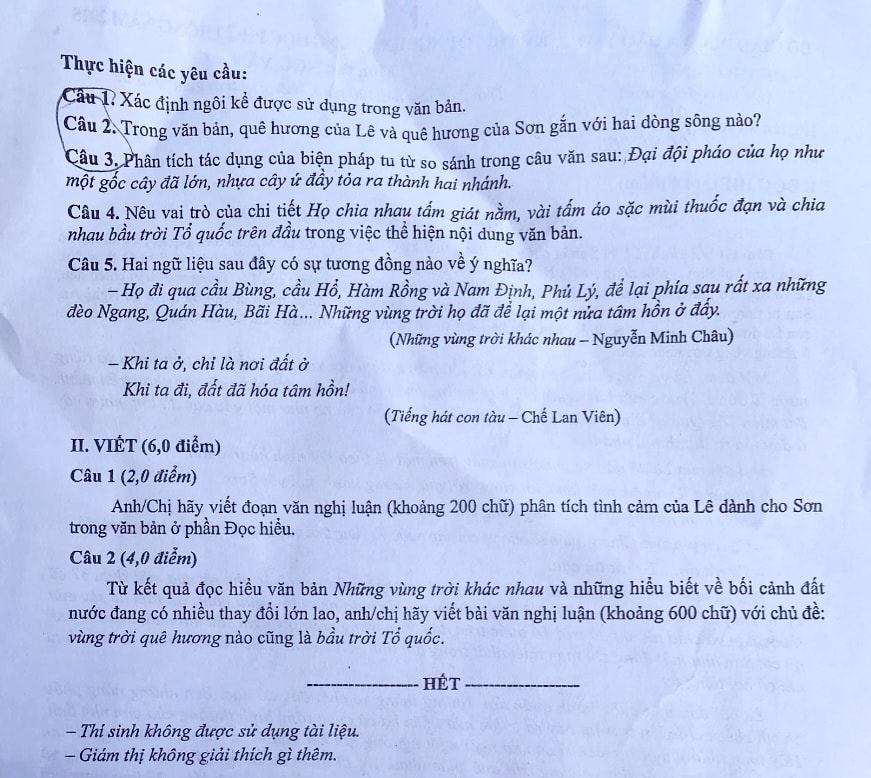Đề thi Ngữ văn theo chương trình Giáo dục phổ thông 2018